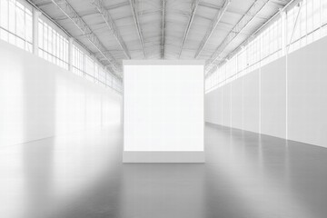 Modern Gallery Mockup:  A pristine, minimalist poster mockup in a spacious, light-filled contemporary art gallery. Ideal for showcasing artwork, designs, or branding.  