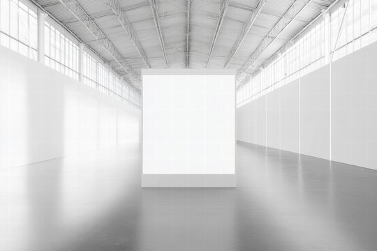 Modern Gallery Mockup:  A pristine, minimalist poster mockup in a spacious, light-filled contemporary art gallery. Ideal for showcasing artwork, designs, or branding.  