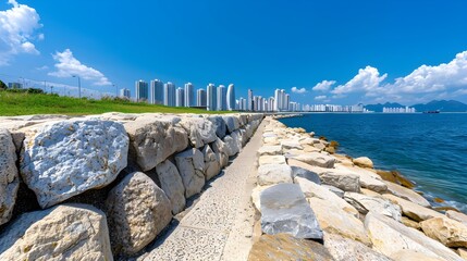 Scenic Coastal Pathway with Modern Skyscrapers Under Blue Sky