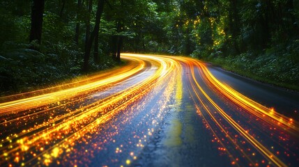 Vibrant Nighttime Long Exposure Photo: Dynamic Car Lights Streaming Through Lush Forest Road. AI Generated