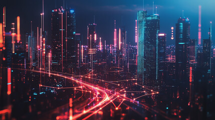 Obraz premium Smart digital Innovation city with connection network reciprocity over the cityscape. of future smart wireless digital city and social media networking systems that connects people with in city