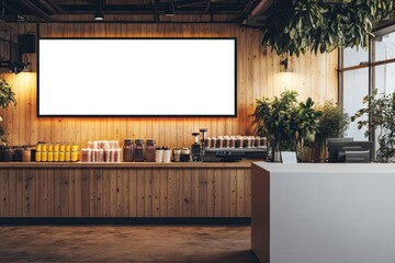 Blank Canvas for Your Brand: A rustic yet modern cafe counter features a large blank canvas, offering a prime location for your advertising or brand message.