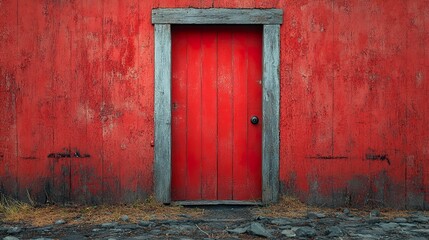 Red Wooden Door on Old Weathered Wall