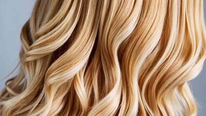 A closeup the long, wavy strands of a woman vibrant blonde hair. The hair exudes a remarkable shine and healthiness, which accentuates its beauty and allure.