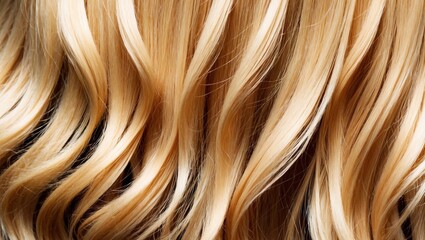 Fototapeta premium A closeup the long, wavy strands of a woman vibrant blonde hair. The hair exudes a remarkable shine and healthiness, which accentuates its beauty and allure.