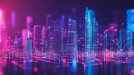 Fototapeta premium Smart digital Innovation city with connection network reciprocity over the cityscape. of future smart wireless digital city and social media networking systems that connects people with in city