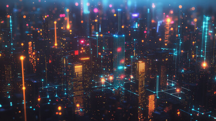 Fototapeta premium Smart digital Innovation city with connection network reciprocity over the cityscape. of future smart wireless digital city and social media networking systems that connects people with in city