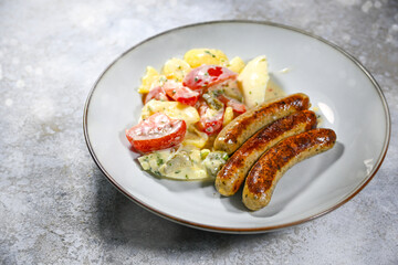 Potato salad with small roasted sausages, a popular fast dish for parties and holidays such as Christmas and New Year, gray plate on a stone surface, copy space, selected focus