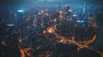 Fototapeta premium Smart digital Innovation city with connection network reciprocity over the cityscape. of future smart wireless digital city and social media networking systems that connects people with in city