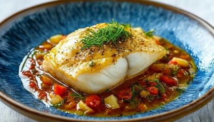 bacalhau, on a blue plate on a white background