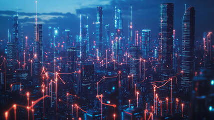 Fototapeta premium Smart digital Innovation city with connection network reciprocity over the cityscape. of future smart wireless digital city and social media networking systems that connects people with in city