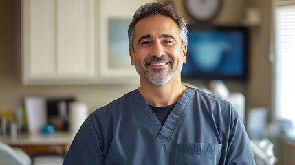 Obraz premium Smiling Dentist Portrait Photo: Confidently Serving Patients in Modern Dental Office. AI Generated