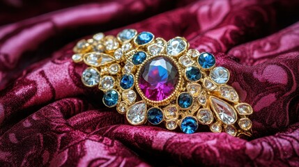 Obraz premium Elegant Vintage Brooch with Colorful Gems on Burgundy Fabric Background