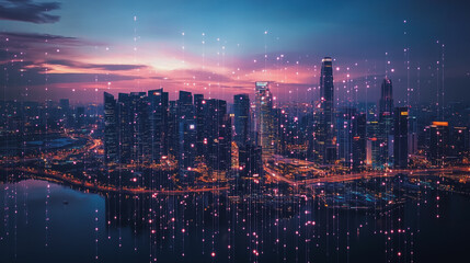 Smart digital Innovation city with connection network reciprocity over the cityscape. of future smart wireless digital city and social media networking systems that connects people with in city