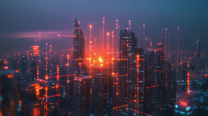 Fototapeta premium Smart digital Innovation city with connection network reciprocity over the cityscape. of future smart wireless digital city and social media networking systems that connects people with in city