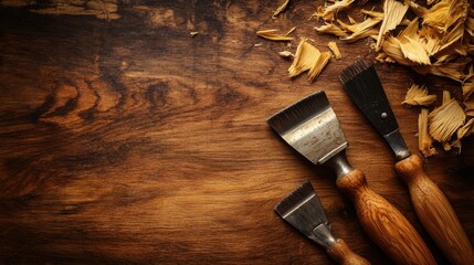 Wooden Workbench with Hand Tools and Shavings on Dark Surface