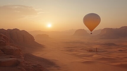 Fototapeta premium A serene hot air balloon floats over a vast desert landscape at sunrise.