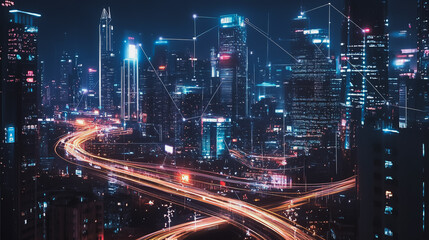 Smart digital Innovation city with connection network reciprocity over the cityscape. of future smart wireless digital city and social media networking systems that connects people with in city