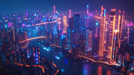 Fototapeta premium Smart digital Innovation city with connection network reciprocity over the cityscape. of future smart wireless digital city and social media networking systems that connects people with in city