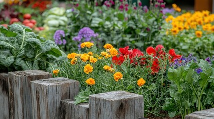 Naklejka premium Vibrant Floral Garden Display Featuring Colorful Blossoms in Blooming Glory