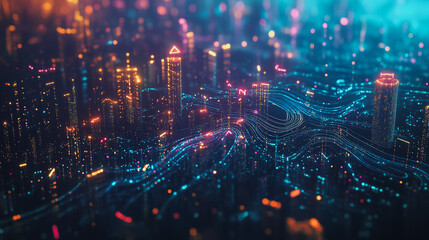 Obraz premium Smart digital Innovation city with connection network reciprocity over the cityscape. of future smart wireless digital city and social media networking systems that connects people with in city