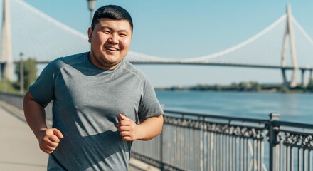 Young asian male jogging along riverfront with modern bridge in background