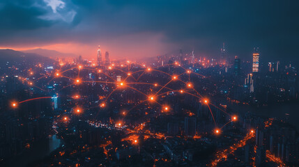 Fototapeta premium Smart digital Innovation city with connection network reciprocity over the cityscape. of future smart wireless digital city and social media networking systems that connects people with in city