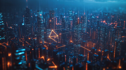 Obraz premium Smart digital Innovation city with connection network reciprocity over the cityscape. of future smart wireless digital city and social media networking systems that connects people with in city