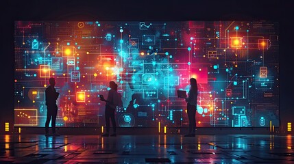 flat design, illustration, The Collaboration of AI and Humans: Teams blending human creativity with AI efficiency