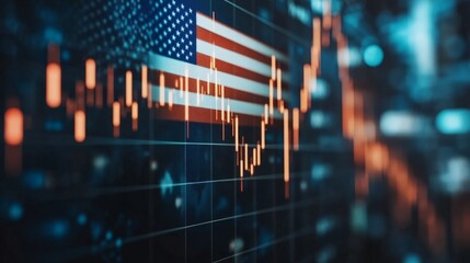 A backdrop of the United States flag fades behind intricate stock market graph trends, reflecting the country's financial landscape and economic journey.