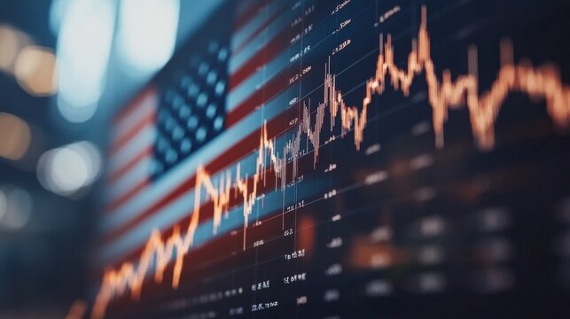 The iconic United States flag overlays a detailed financial performance graph, symbolizing the dynamic intersection of national identity and market fluctuations.