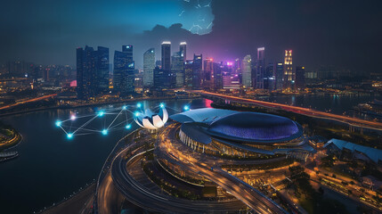 Fototapeta premium Smart digital Innovation city with connection network reciprocity over the cityscape. of future smart wireless digital city and social media networking systems that connects people with in city