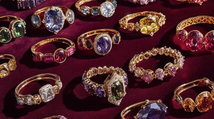 Fototapeta premium Exquisite Collection of Colorful Gemstone Rings on Velvet Background