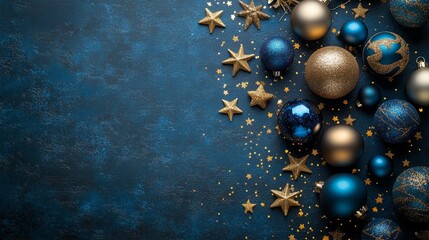 Fototapeta premium A luxurious and festive arrangement of ornaments in gold and blue hues embellished with star shapes, set against a dark background for an elegant holiday vibe.