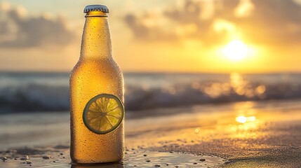Golden Hour Beach Beer: Close-Up Photo of Refreshing Bottle at Sunset. AI Generated