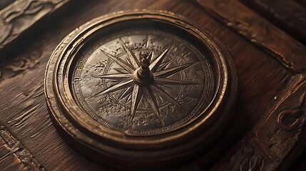 Obraz premium Intricately Detailed Antique Compass Photo: Close-Up View on Aged Wooden Surface. AI Generated