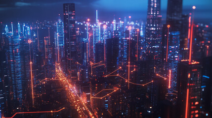 Fototapeta premium Smart digital Innovation city with connection network reciprocity over the cityscape. of future smart wireless digital city and social media networking systems that connects people with in city