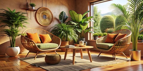 Fototapeta premium Cozy Modern Living Room: Rattan Chairs, Indoor Plants & Serene Atmosphere - 4K Looping Video