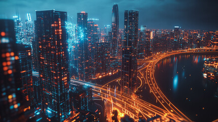 Fototapeta premium Smart digital Innovation city with connection network reciprocity over the cityscape. of future smart wireless digital city and social media networking systems that connects people with in city