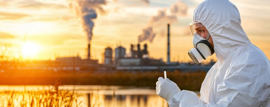 PM2.5 concept. Scientist in protective gear testing near industrial pollution at sunset.
