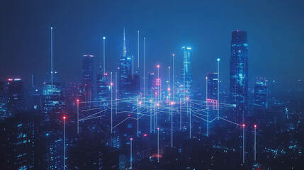 Fototapeta premium Smart digital Innovation city with connection network reciprocity over the cityscape. of future smart wireless digital city and social media networking systems that connects people with in city