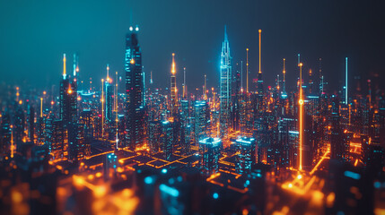 Fototapeta premium Smart digital Innovation city with connection network reciprocity over the cityscape. of future smart wireless digital city and social media networking systems that connects people with in city