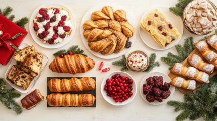 Festive Bakery Display with Assorted Pastries and Holiday Treats