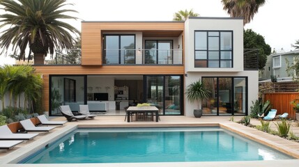 Modern home with pool and outdoor patio.