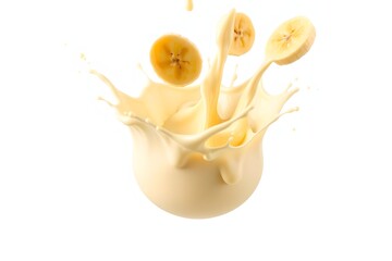 A splash of creamy liquid with banana slices, illustrating freshness and indulgence.