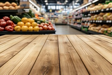 Fototapeta premium Fresh Produce Display in Grocery Store with Wooden Tabletop Ready for Products in Bright and Colorful Environment Filled with Fruits and Vegetables