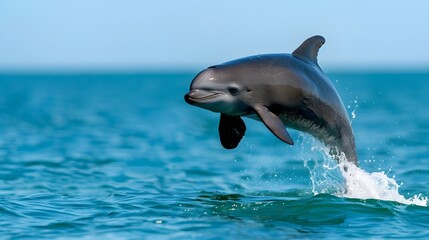 Naklejka premium Playful dolphin leaps joyfully above turquoise ocean waves