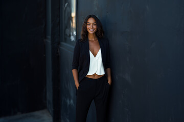 Fototapeta premium Beautiful business woman poses confidently in stylish attire against a dark wall during a sunny day in a modern urban setting