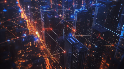 Fototapeta premium Smart digital Innovation city with connection network reciprocity over the cityscape. of future smart wireless digital city and social media networking systems that connects people with in city