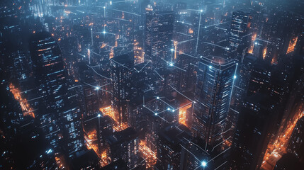 Fototapeta premium Smart digital Innovation city with connection network reciprocity over the cityscape. of future smart wireless digital city and social media networking systems that connects people with in city